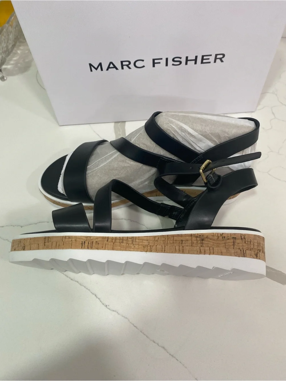 Marc Fisher Black Platform Cork-Trim Sandals
